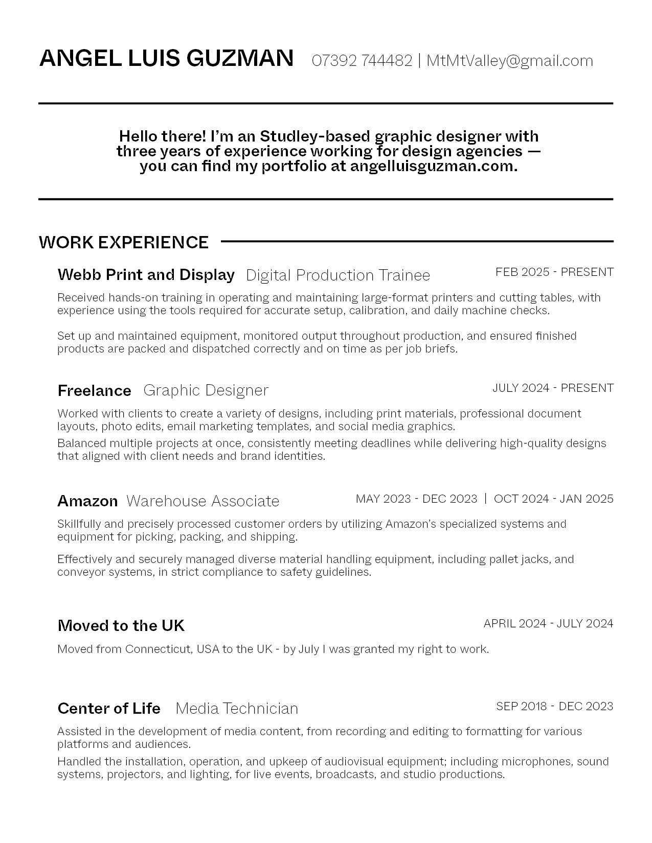 The first page to my resume, going over work experience.